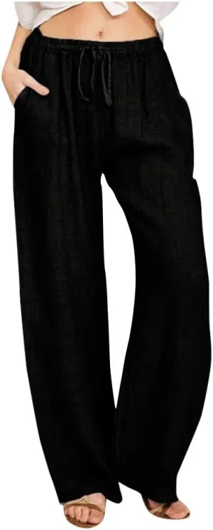 SHAOBGE Plus Size Linen Pants for Women Elastic Wide Leg Drawstring Casual Solid Women Cotton Long Trendy Pants