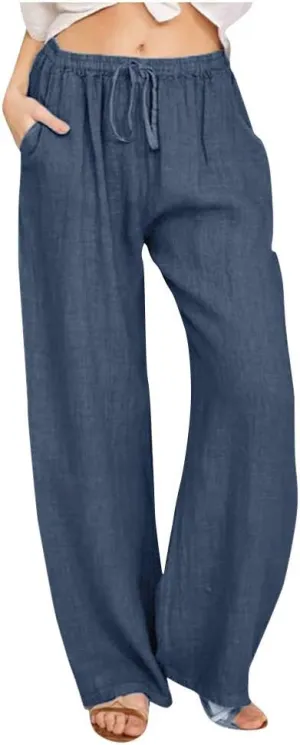 SHAOBGE Plus Size Linen Pants for Women Elastic Wide Leg Drawstring Casual Solid Women Cotton Long Trendy Pants