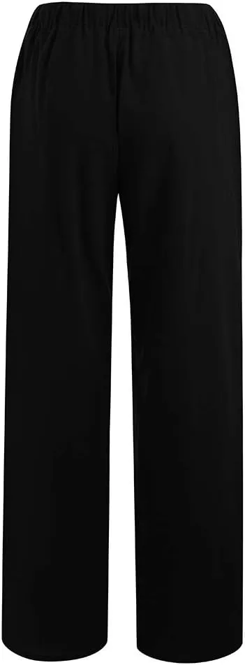SHAOBGE Plus Size Linen Pants for Women Elastic Wide Leg Drawstring Casual Solid Women Cotton Long Trendy Pants
