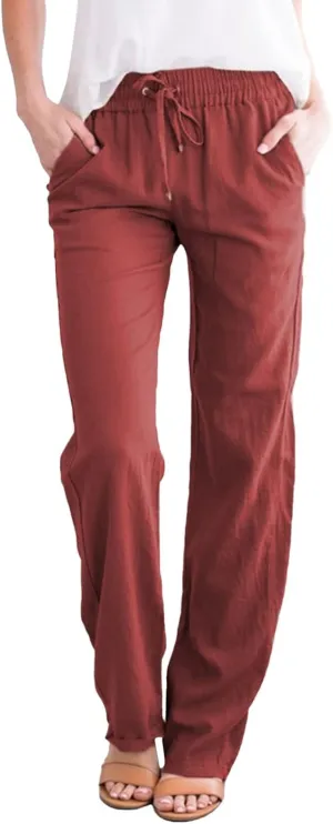 SHAOBGE Womens Casual Cotton Linen Pants Lightweight Summer Relax Fit Elastic Waist Straight Leg Solid Lounge Long Trousers