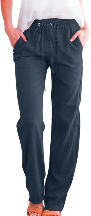 SHAOBGE Womens Casual Cotton Linen Pants Lightweight Summer Relax Fit Elastic Waist Straight Leg Solid Lounge Long Trousers