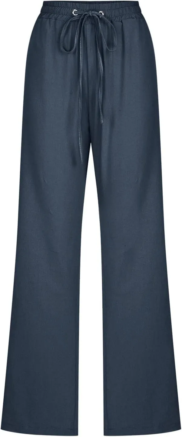 SHAOBGE Womens Casual Cotton Linen Pants Lightweight Summer Relax Fit Elastic Waist Straight Leg Solid Lounge Long Trousers