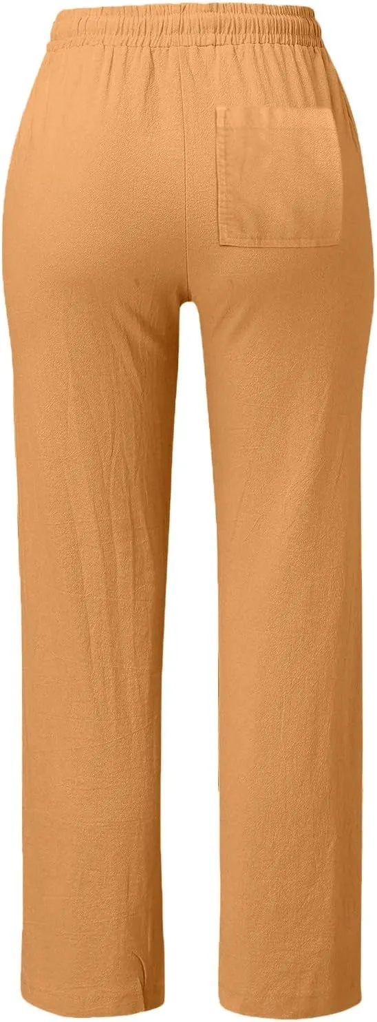 SHAOBGE Womens Casual Cotton Linen Pants Lightweight Summer Relax Fit Elastic Waist Straight Leg Solid Lounge Long Trousers