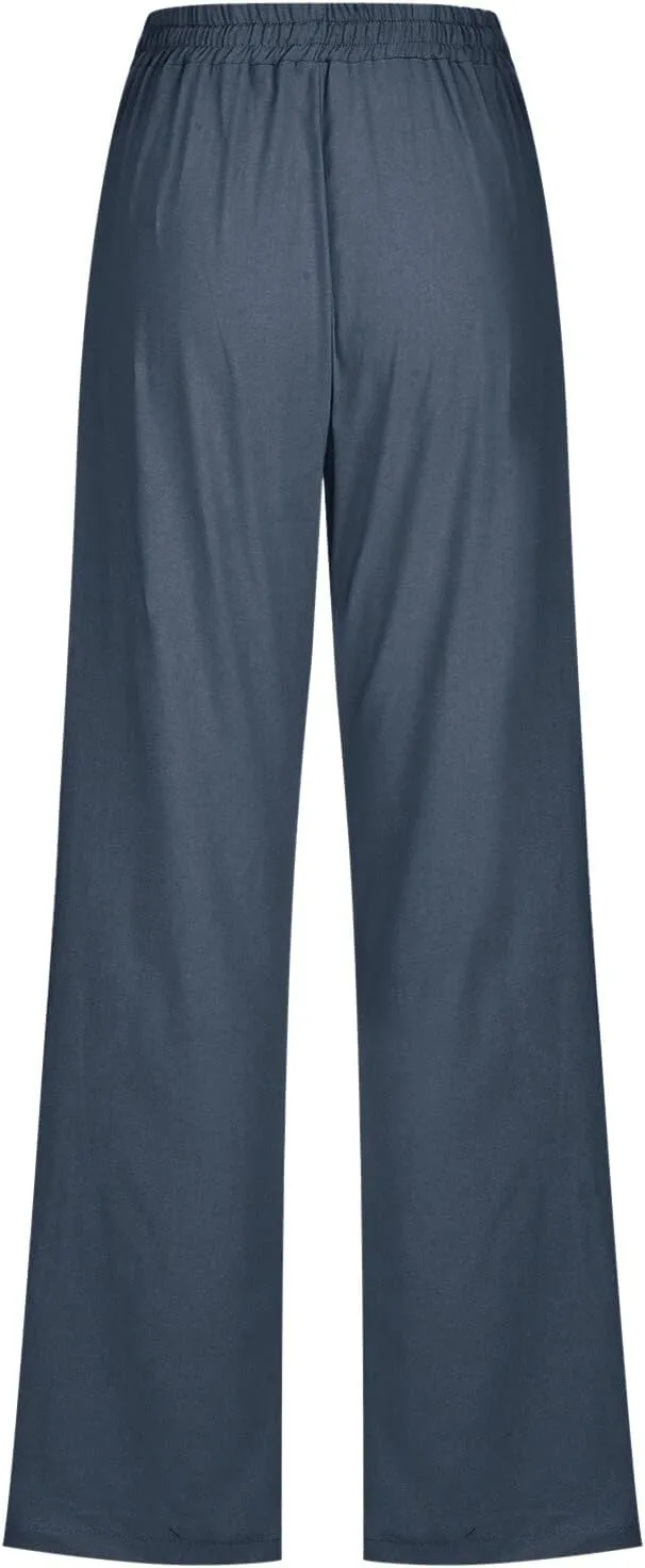 SHAOBGE Womens Casual Cotton Linen Pants Lightweight Summer Relax Fit Elastic Waist Straight Leg Solid Lounge Long Trousers