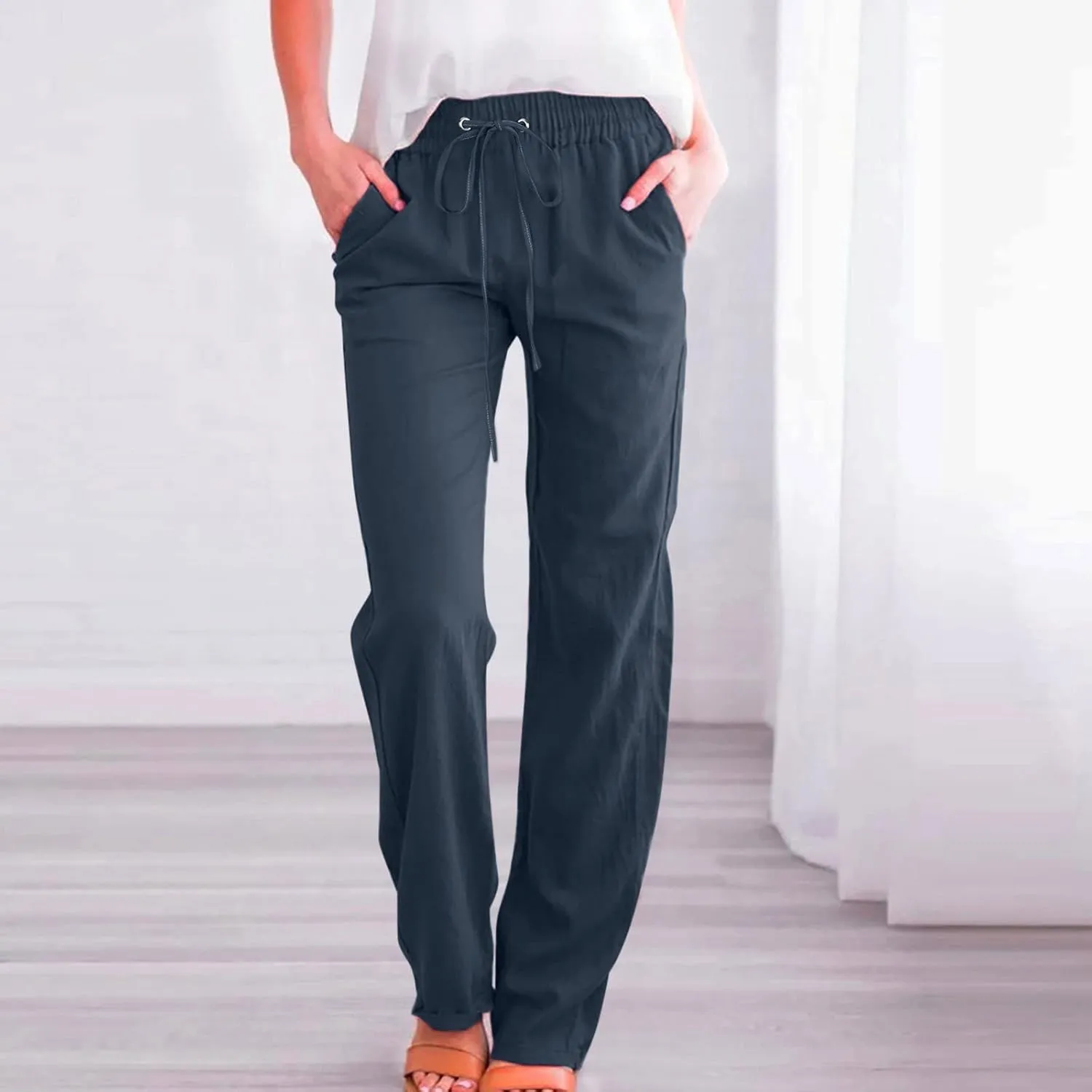 SHAOBGE Womens Casual Cotton Linen Pants Lightweight Summer Relax Fit Elastic Waist Straight Leg Solid Lounge Long Trousers