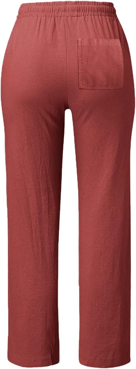 SHAOBGE Womens Casual Cotton Linen Pants Lightweight Summer Relax Fit Elastic Waist Straight Leg Solid Lounge Long Trousers