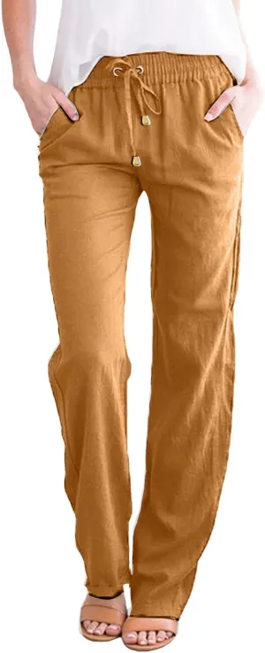 SHAOBGE Womens Casual Cotton Linen Pants Lightweight Summer Relax Fit Elastic Waist Straight Leg Solid Lounge Long Trousers