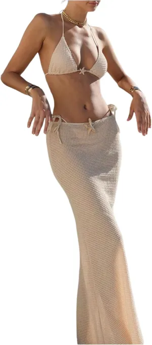 SHENHE Women's 3 Piece String Bikini Set Triangle Halter Starfish Metal Swimsuit with Long Skirt