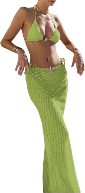 SHENHE Women's 3 Piece String Bikini Set Triangle Halter Starfish Metal Swimsuit with Long Skirt