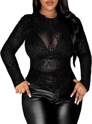 SHENHE Women's Plus Size Floral Lace Mesh Long Sleeve Sheer See Through Crop Top Sexy Blouse Rave Festival