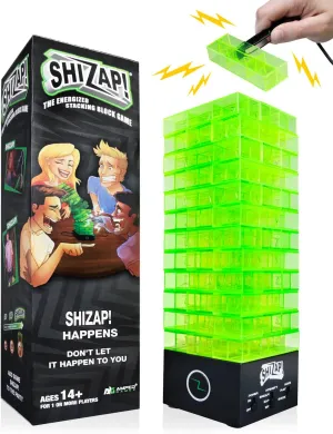 ShiZap! - Illuminated Electric Shock Stacking Block Game, Plastic Tumble Tower Blocks, Shocking Tweezers, LED Base That Plays Suspenseful Music, Family Fun Party Games for Teenage Boys, Girls, Adults