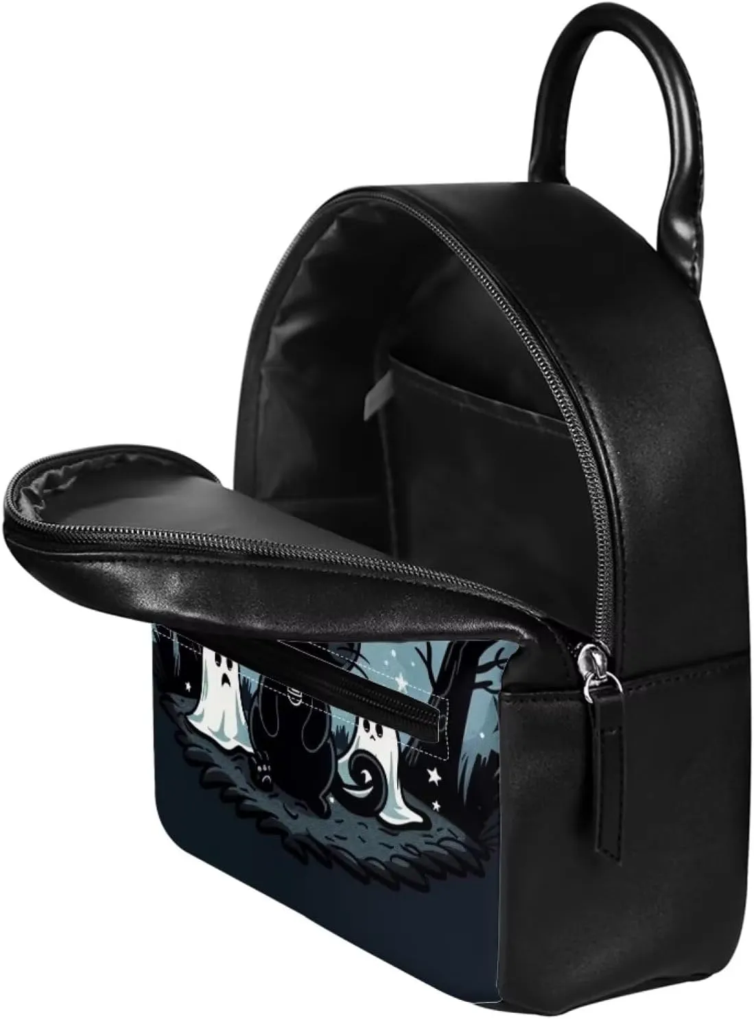 Showudesigns Halloween Backpack Purse for Women Mini Backpacks Black Cat Pu Leather Zipper Closure Shoulder Bags Casual Tote Bag Lightweight Tote Bag Daypack Rucksack Cute Ghost Handbag
