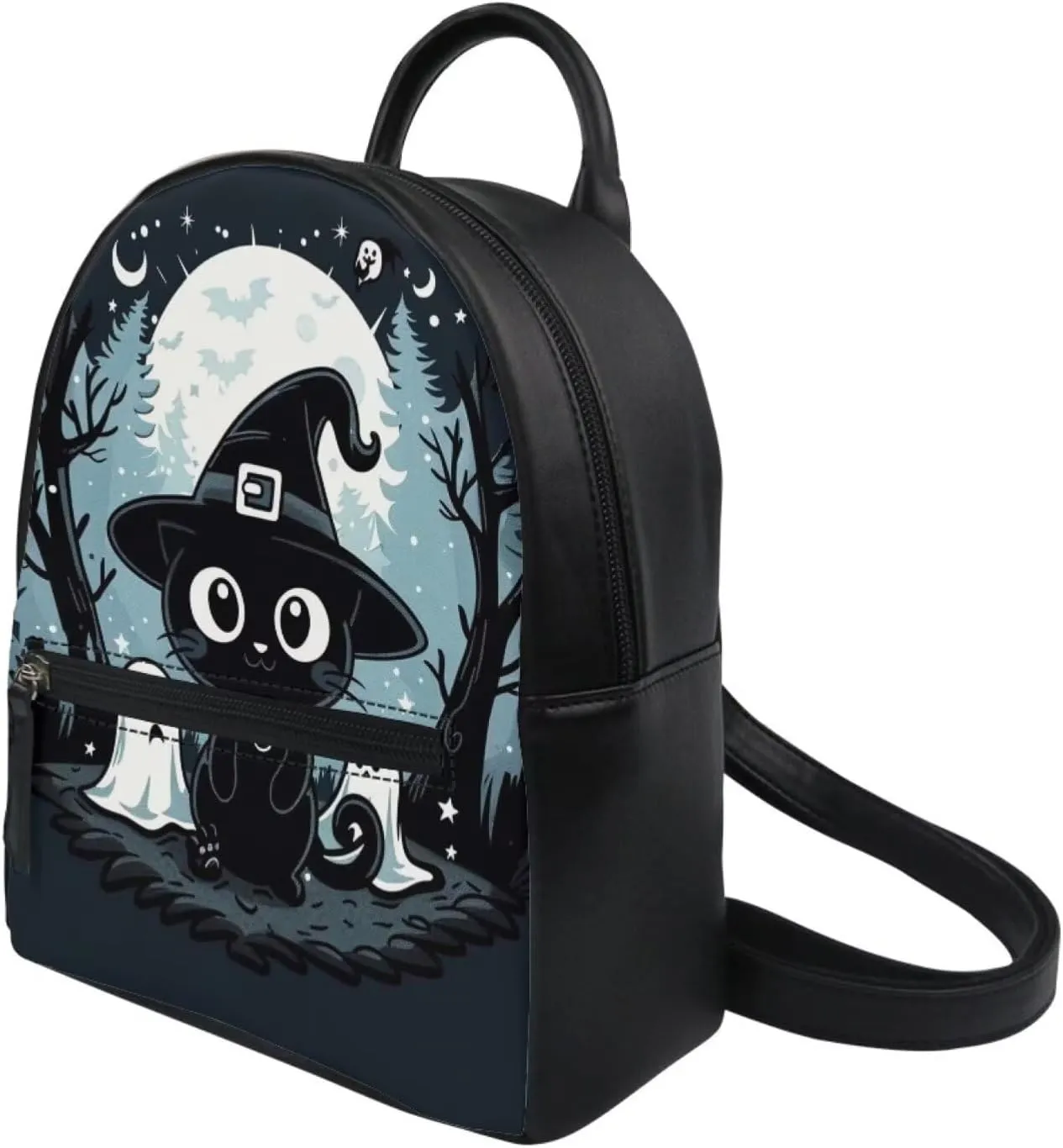 Showudesigns Halloween Backpack Purse for Women Mini Backpacks Black Cat Pu Leather Zipper Closure Shoulder Bags Casual Tote Bag Lightweight Tote Bag Daypack Rucksack Cute Ghost Handbag