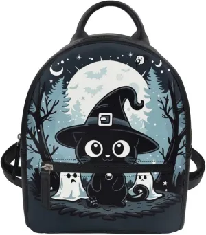 Showudesigns Halloween Backpack Purse for Women Mini Backpacks Black Cat Pu Leather Zipper Closure Shoulder Bags Casual Tote Bag Lightweight Tote Bag Daypack Rucksack Cute Ghost Handbag