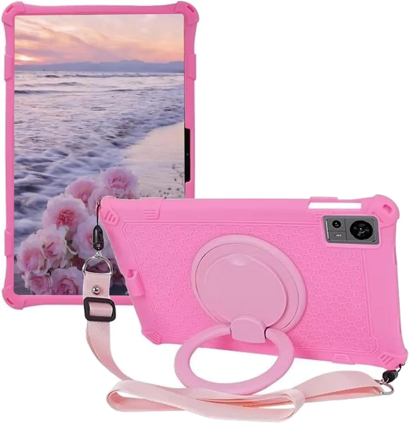 Silicone Tablet Case with 360 Rotating Kickstand Handle/Shoulder Strap Cute Cover Compatible with Teclast T60 12 inch Pink
