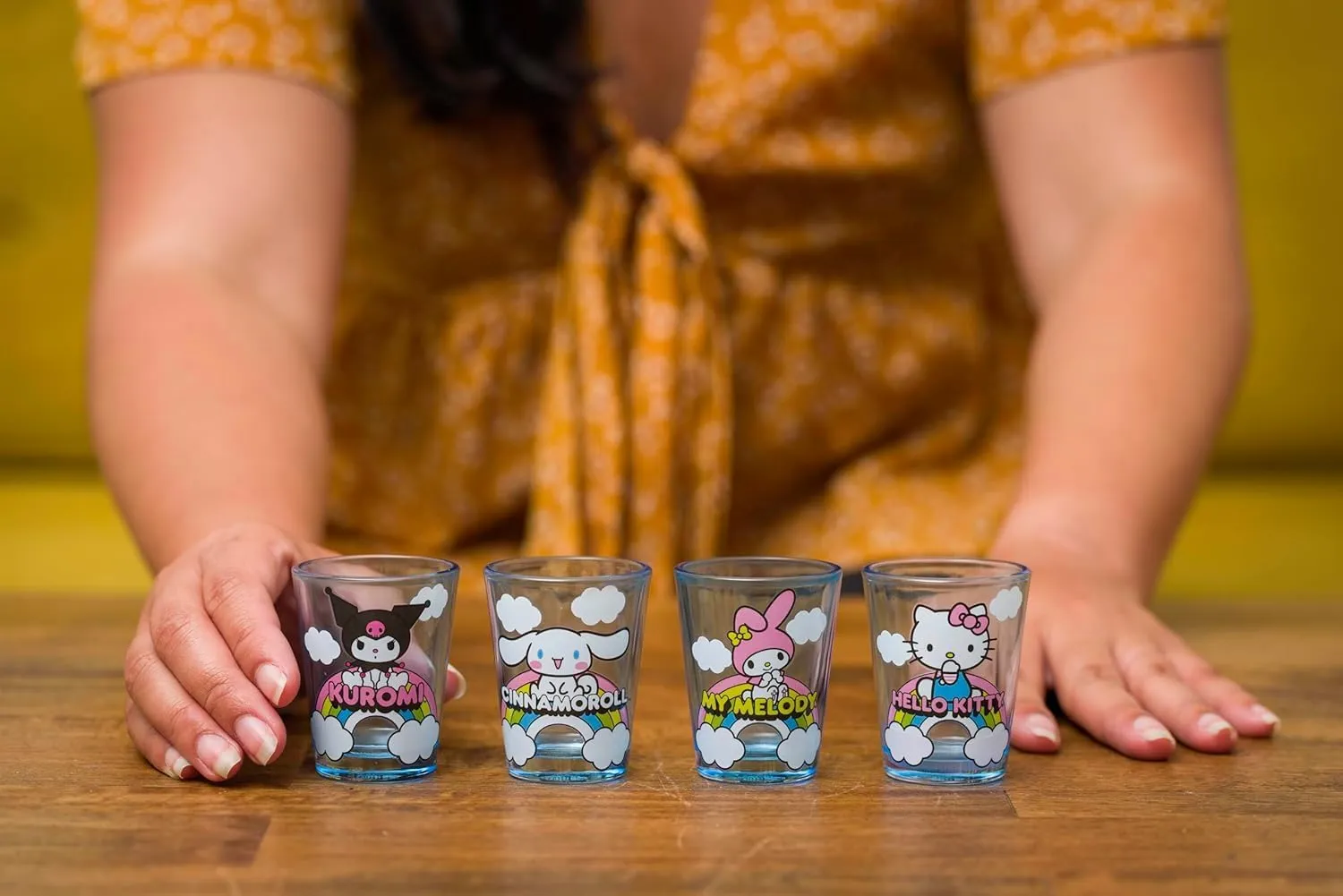 Silver Buffalo Sanrio Hello Kitty and Friends Featuring Cinnamoroll, My Melody, and Kuromi Rainbow Cloud 4 Pack Mini Glass Set, 1.5 Ounces