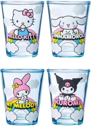Silver Buffalo Sanrio Hello Kitty and Friends Featuring Cinnamoroll, My Melody, and Kuromi Rainbow Cloud 4 Pack Mini Glass Set, 1.5 Ounces