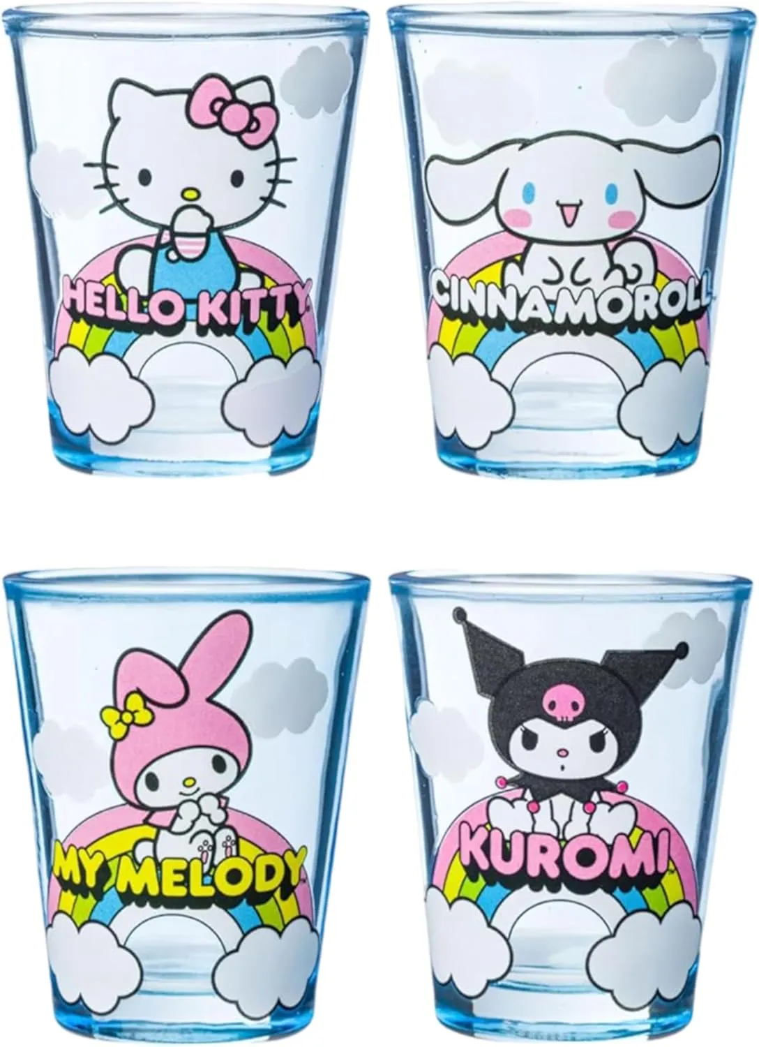 Silver Buffalo Sanrio Hello Kitty and Friends Featuring Cinnamoroll, My Melody, and Kuromi Rainbow Cloud 4 Pack Mini Glass Set, 1.5 Ounces