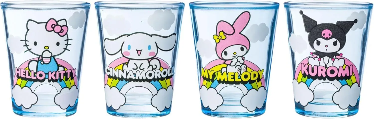 Silver Buffalo Sanrio Hello Kitty and Friends Featuring Cinnamoroll, My Melody, and Kuromi Rainbow Cloud 4 Pack Mini Glass Set, 1.5 Ounces