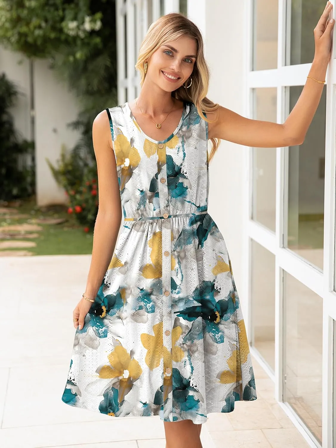 Simplee Womens Sleeveless Sundress Summer Casual Eyelet Button Down Short Dress Flowy Beach Tank Mini Dress with Pocket