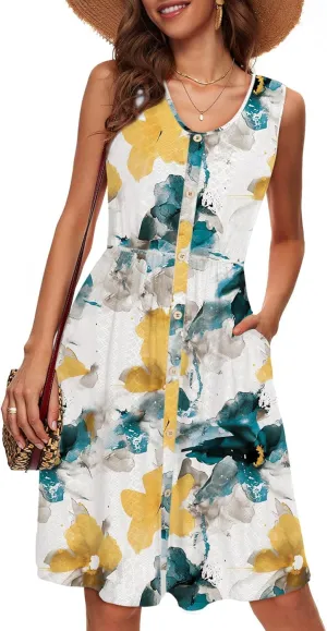 Simplee Womens Sleeveless Sundress Summer Casual Eyelet Button Down Short Dress Flowy Beach Tank Mini Dress with Pocket
