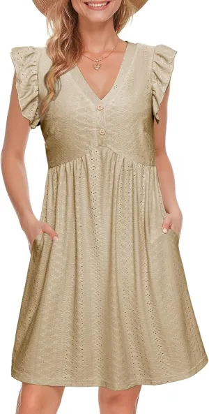 Simplee Womens Summer Short Sundress Casual Ruffle Sleeve Mini Dress 2025 Boho Beach Wedding Guest Eyelet Dresses with Pocket