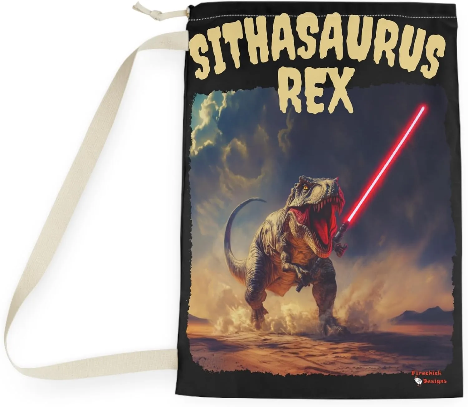 Sithasaurus Rex Novelty Laundry Bag with Drawstring, Jedi Inspired T-Rex Design, Shoulder Strap