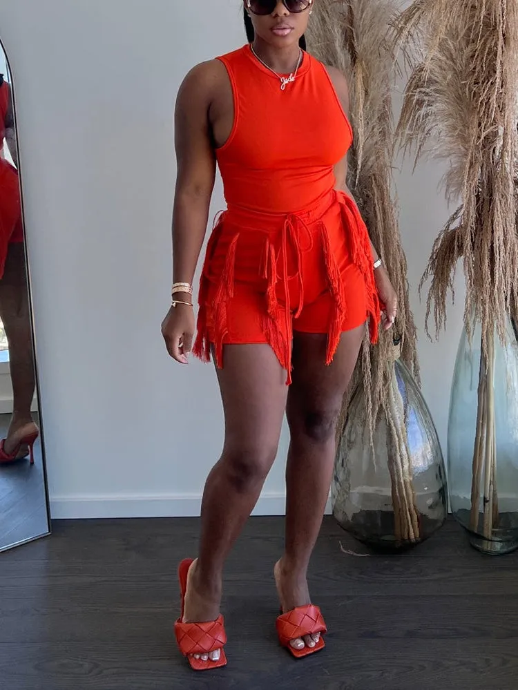 Sleeveless Top Tassels Drawstring Shorts Set