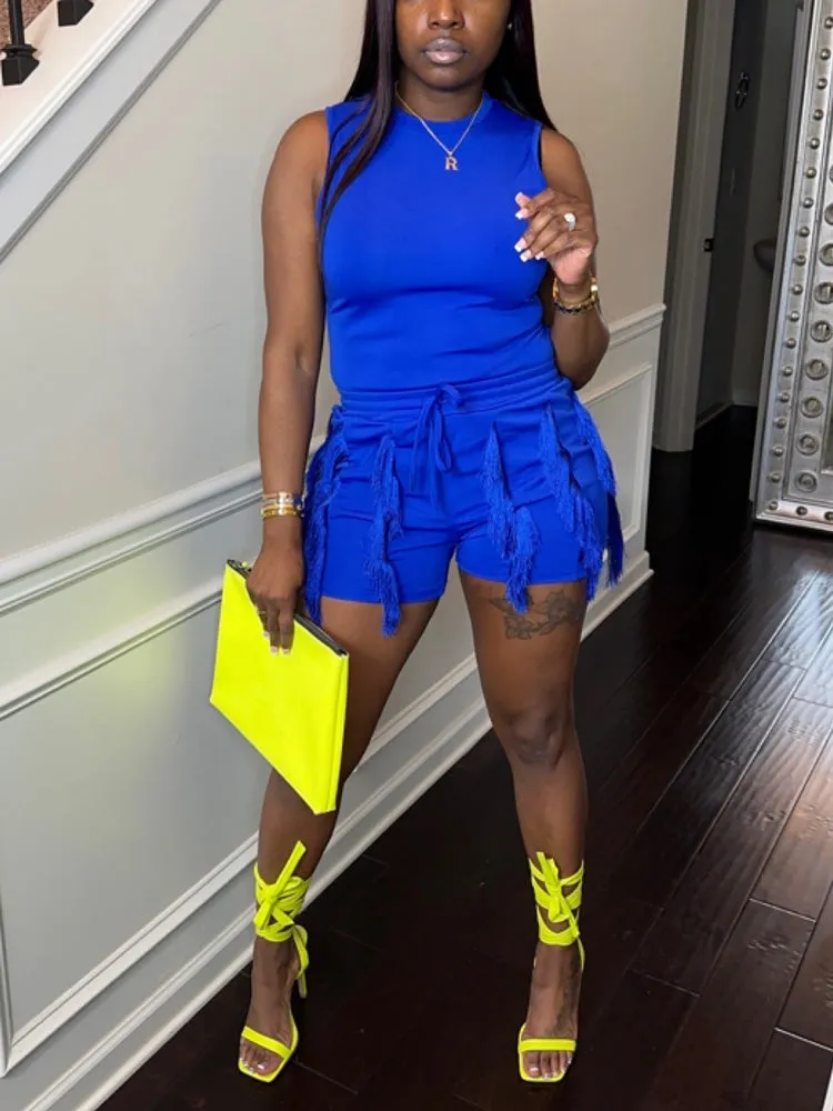 Sleeveless Top Tassels Drawstring Shorts Set