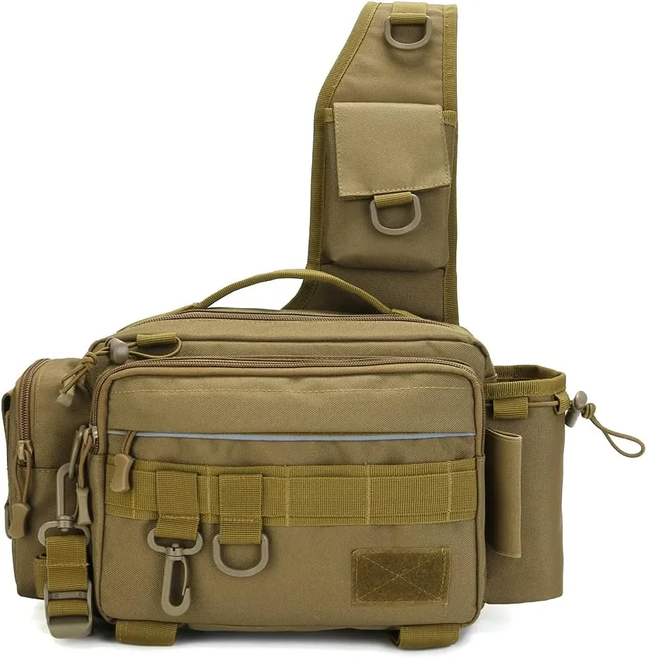 Sling Fishing Tackle Bag for Men Women Single Shoulder Crossbody Pouch Waist Pack Fish Lures Gear Utility Storage Fishing Bag (Khaki)