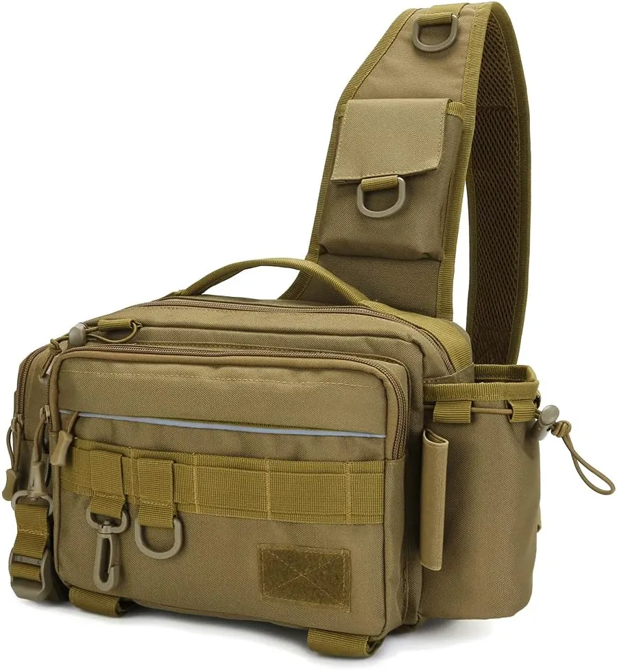 Sling Fishing Tackle Bag for Men Women Single Shoulder Crossbody Pouch Waist Pack Fish Lures Gear Utility Storage Fishing Bag (Khaki)