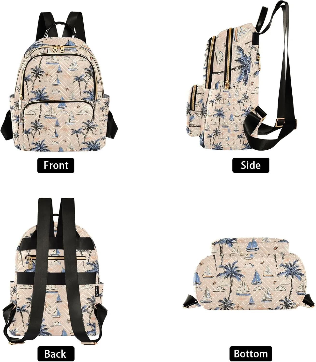 Small Backpack Purse for Women, Palm Tree Sailboat Cloud Pattern Travel Bag Casual Daypack Shoulder Bag