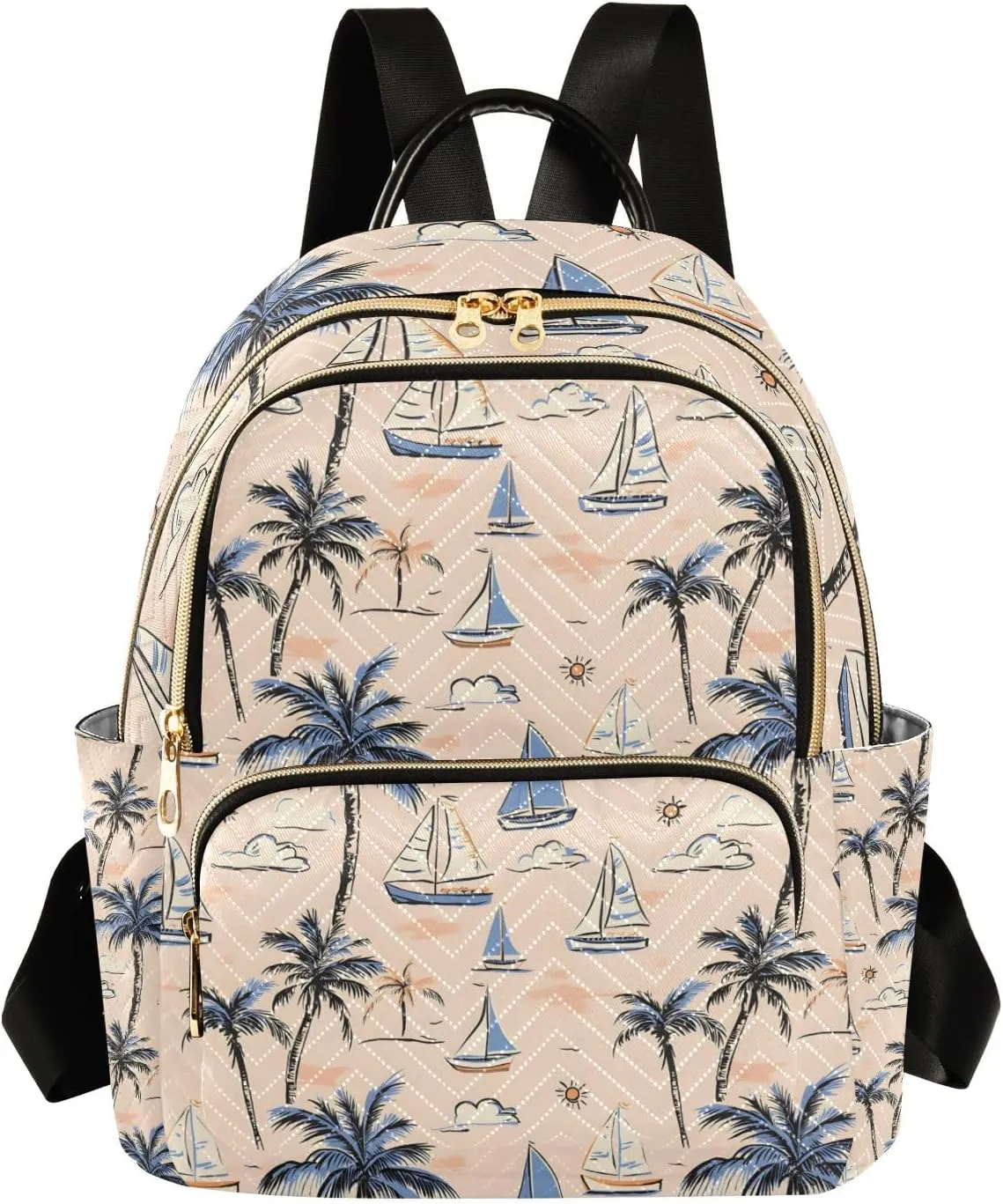 Small Backpack Purse for Women, Palm Tree Sailboat Cloud Pattern Travel Bag Casual Daypack Shoulder Bag