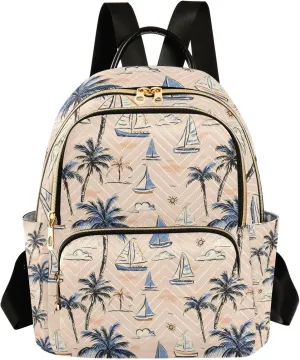 Small Backpack Purse for Women, Palm Tree Sailboat Cloud Pattern Travel Bag Casual Daypack Shoulder Bag