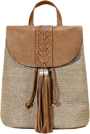 Small Straw Backpack for Women Boho Drawstring Backpack Purse Handmade Woven Beach Shoulder Handbag Daypack for Summer Casual Holiday Tassel Brown