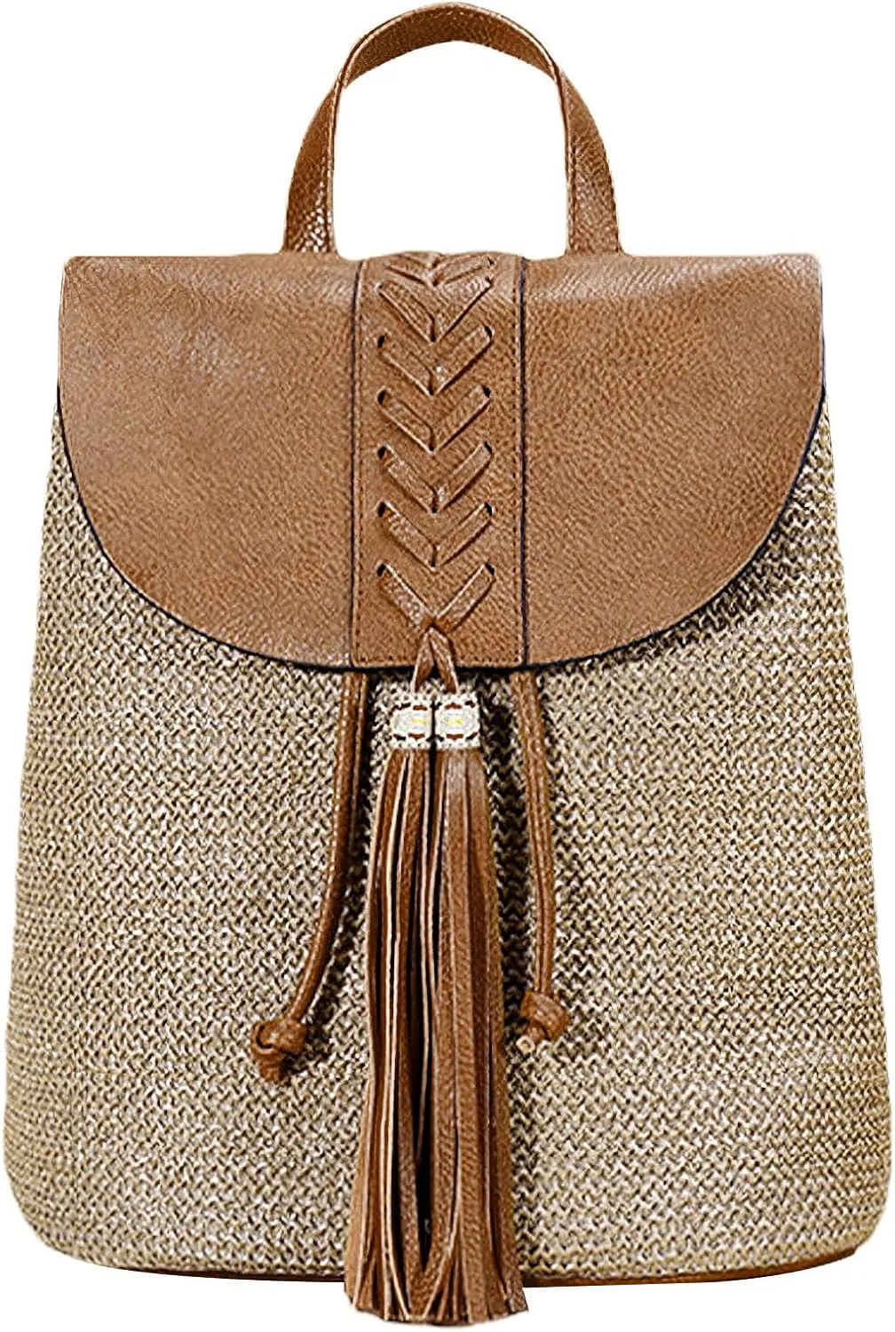 Small Straw Backpack for Women Boho Drawstring Backpack Purse Handmade Woven Beach Shoulder Handbag Daypack for Summer Casual Holiday Tassel Brown