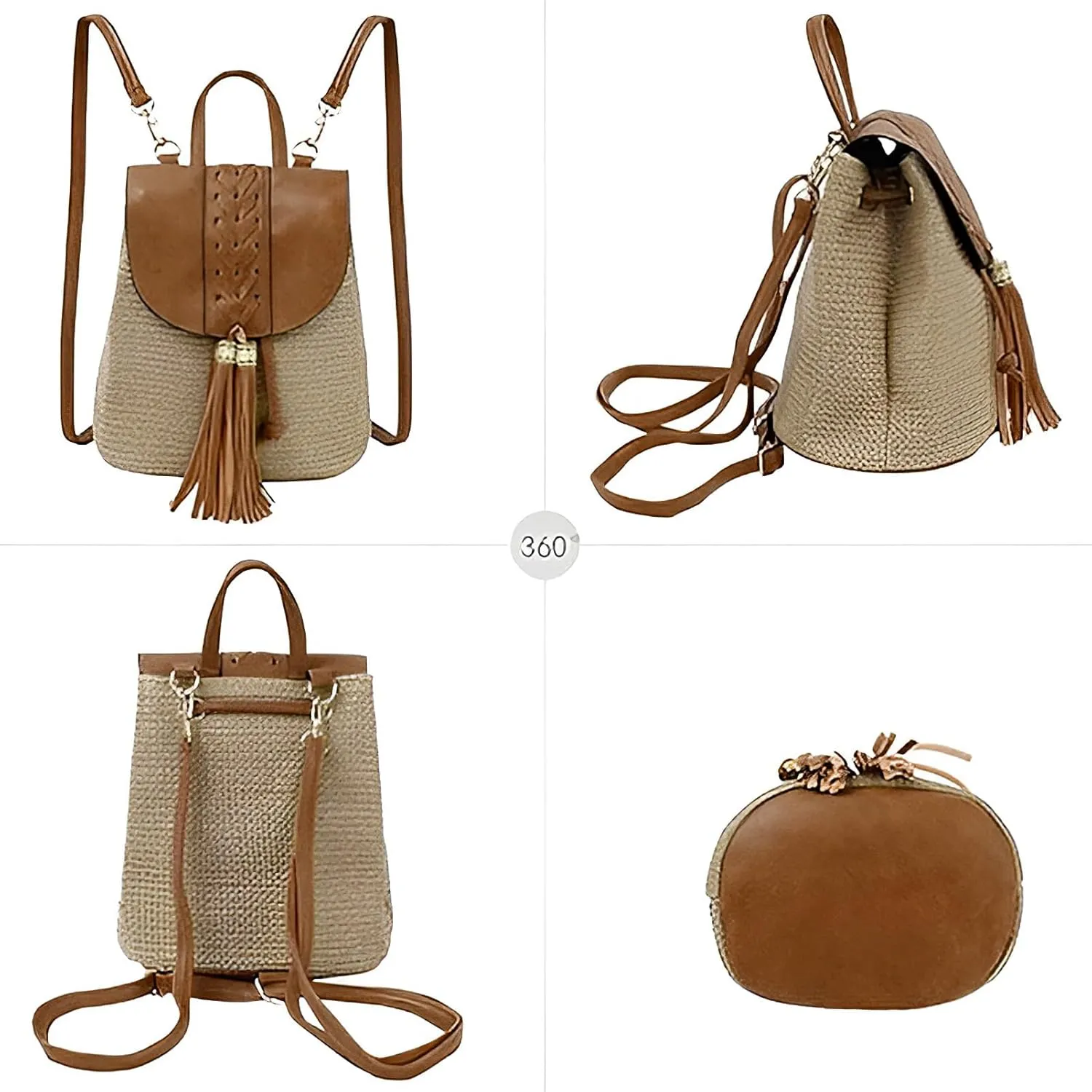 Small Straw Backpack for Women Boho Drawstring Backpack Purse Handmade Woven Beach Shoulder Handbag Daypack for Summer Casual Holiday Tassel Brown