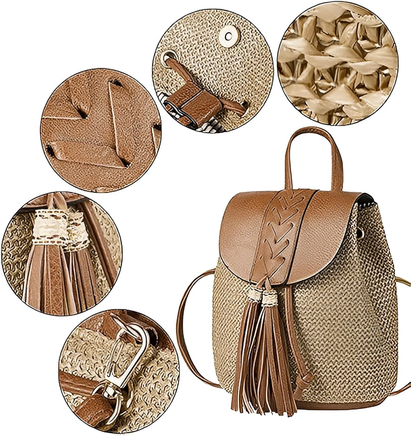 Small Straw Backpack for Women Boho Drawstring Backpack Purse Handmade Woven Beach Shoulder Handbag Daypack for Summer Casual Holiday Tassel Brown