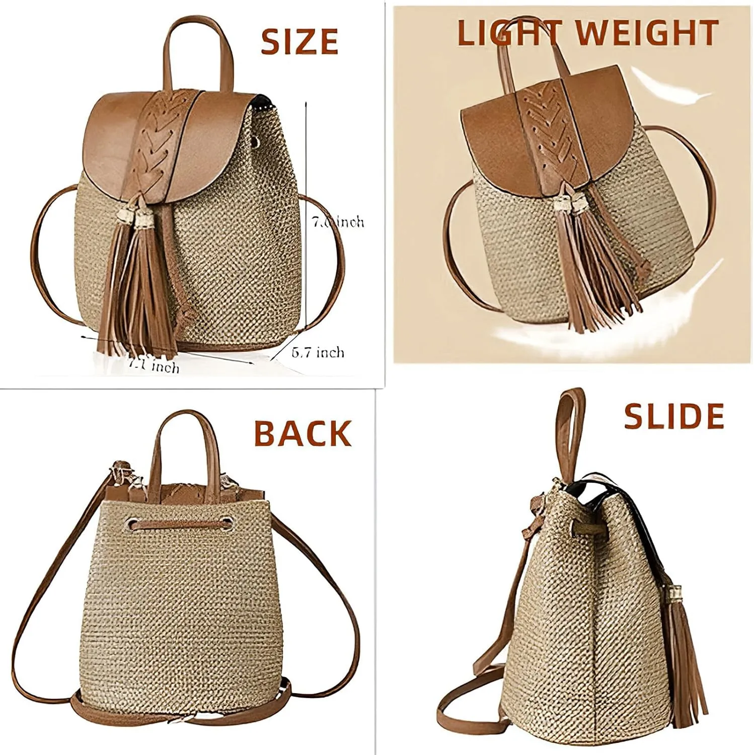 Small Straw Backpack for Women Boho Drawstring Backpack Purse Handmade Woven Beach Shoulder Handbag Daypack for Summer Casual Holiday Tassel Brown