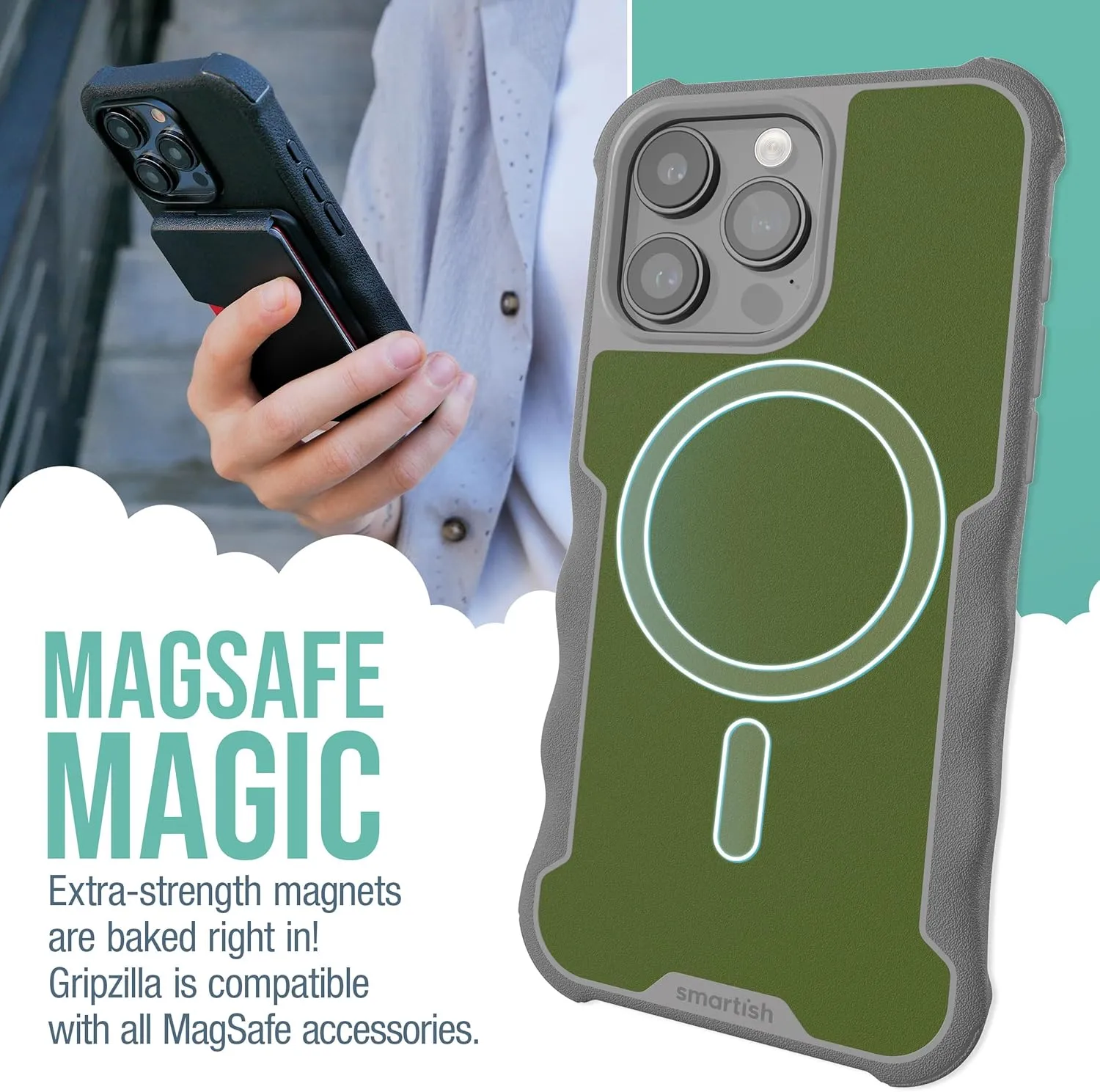 Smartish® iPhone 15 Pro Max Protective Magnetic Case - Gripzilla Compatible with MagSafe [Rugged Heavy Duty Grip Armor Cover] w/Drop Tested Protection for Apple iPhone 15 Pro Max - Lost in The Moss
