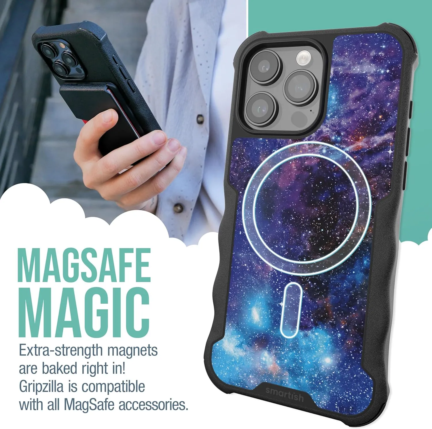 Smartish® iPhone 15 Pro Max Protective Magnetic Case - Gripzilla Compatible with MagSafe [Rugged Heavy Duty Slim Grip Armor Cover] w/Drop Tested Protection for Apple iPhone 15 Pro Max - Spaced Out