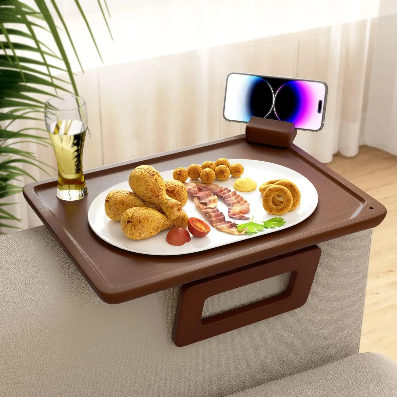 Smatdecis Couch Arm Tray Table Sofa Arm Clip, Armrest Tray Table Suitable for Home Drinks/Fast Food/Fruit Etc, Large Size Multi-Function Black(360° Rotating Stand B)