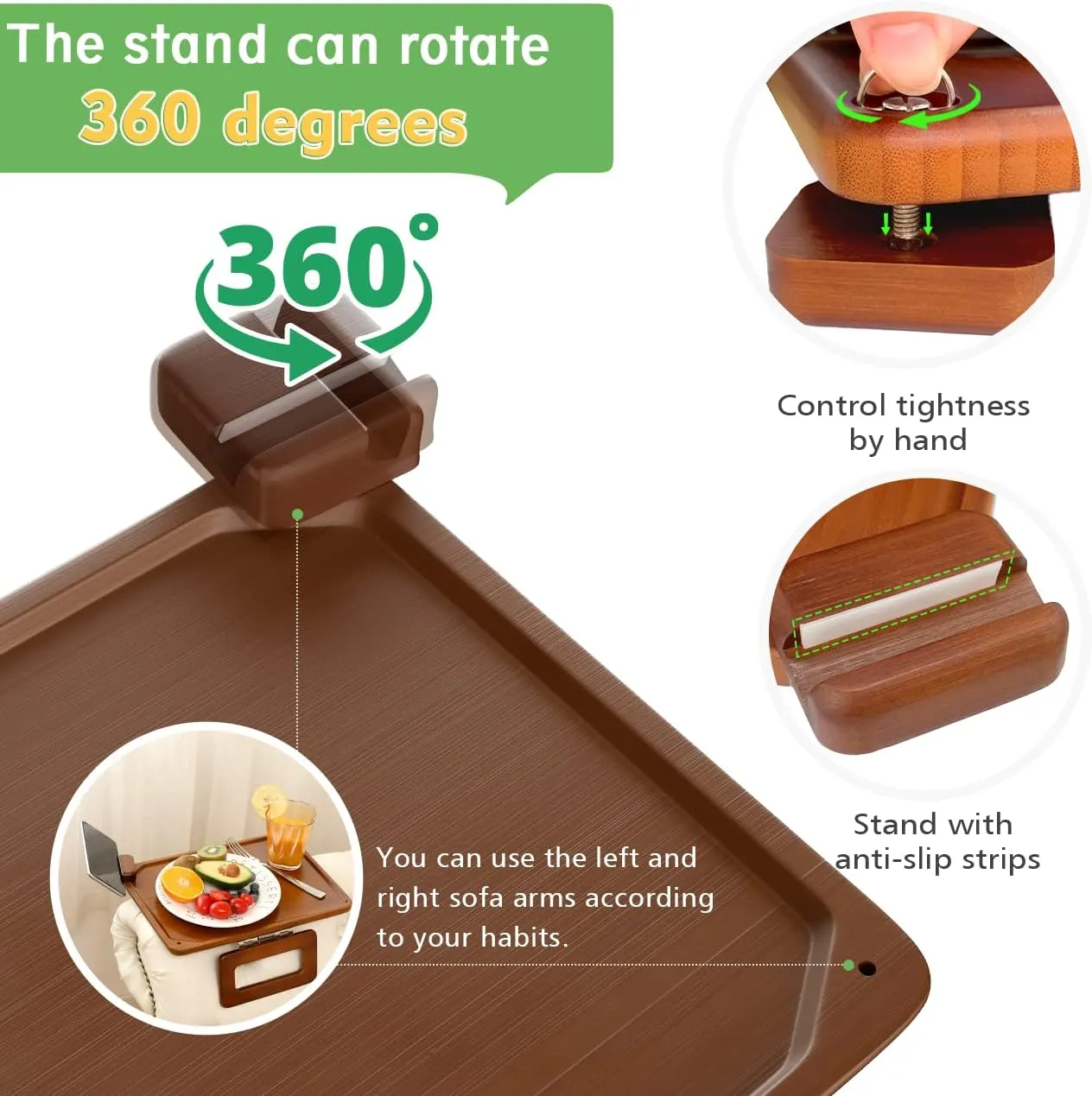 Smatdecis Couch Arm Tray Table Sofa Arm Clip, Armrest Tray Table Suitable for Home Drinks/Fast Food/Fruit Etc, Large Size Multi-Function Black(360° Rotating Stand B)