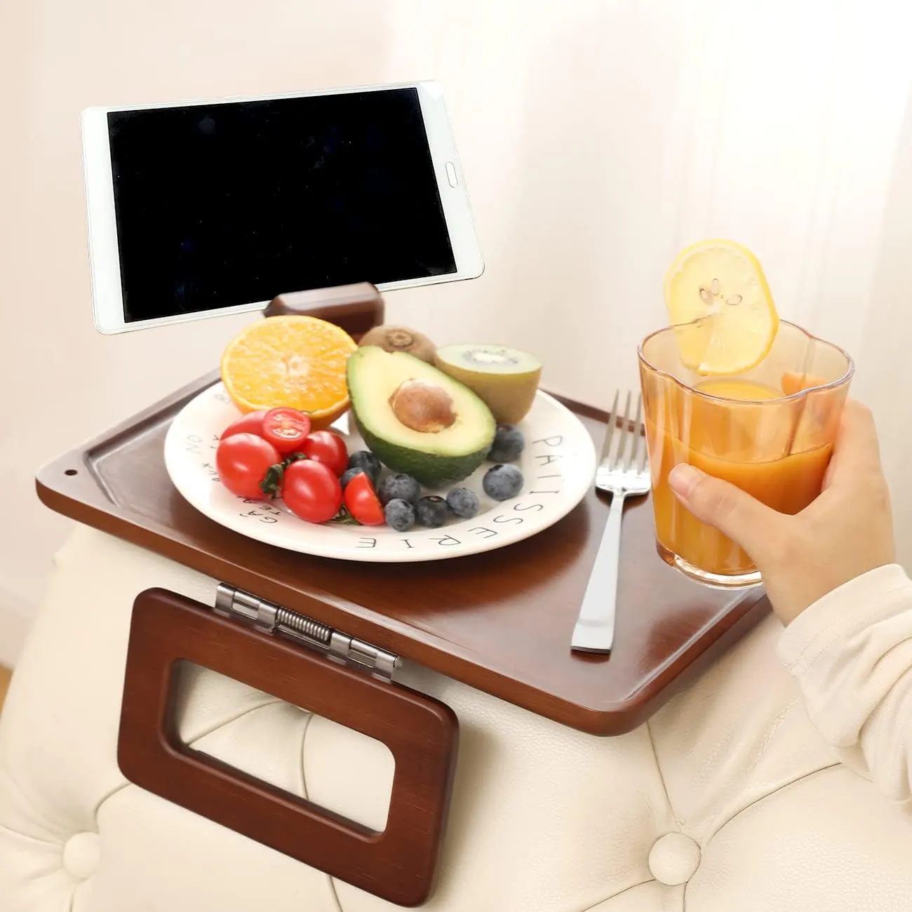 Smatdecis Couch Arm Tray Table Sofa Arm Clip, Armrest Tray Table Suitable for Home Drinks/Fast Food/Fruit Etc, Large Size Multi-Function Black(360° Rotating Stand B)
