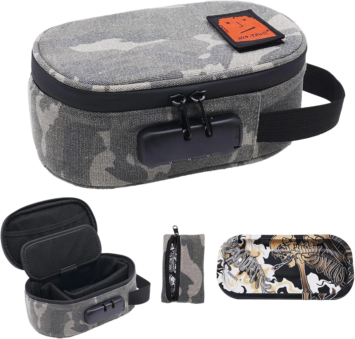 Smell Proof Bag with Combination, Containers with Lock, Stash Bag for Storage and Travel, 8.7"×5.6"×3.8" Stash Bag with Metal Tray and Mini Foil Pocket，Camo