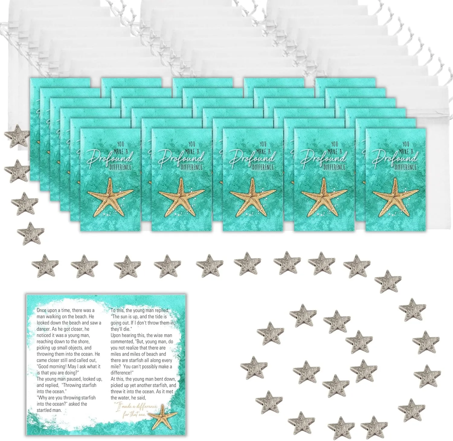 Smiling Wisdom - Bulk 25 Gift Sets - The Starfish Story You Make a Profound Difference Appreciation Mini Cards - Artistic Beads and Bags - Staff Employee Men Women - 75pcs - Silver Seafoam
