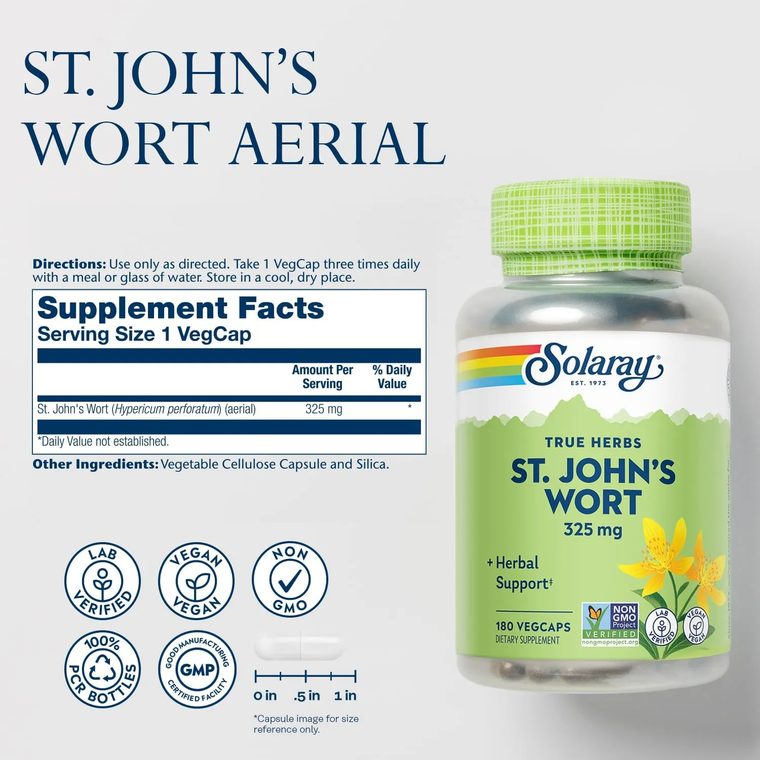 SOLARAY St Johns Wort 325 mg Whole Aerial - Health and Mood Support Supplement - 60-Day Money Back Guarantee - Non-GMO, Vegan, Lab Verified (180 VegCap, 180 Servings)