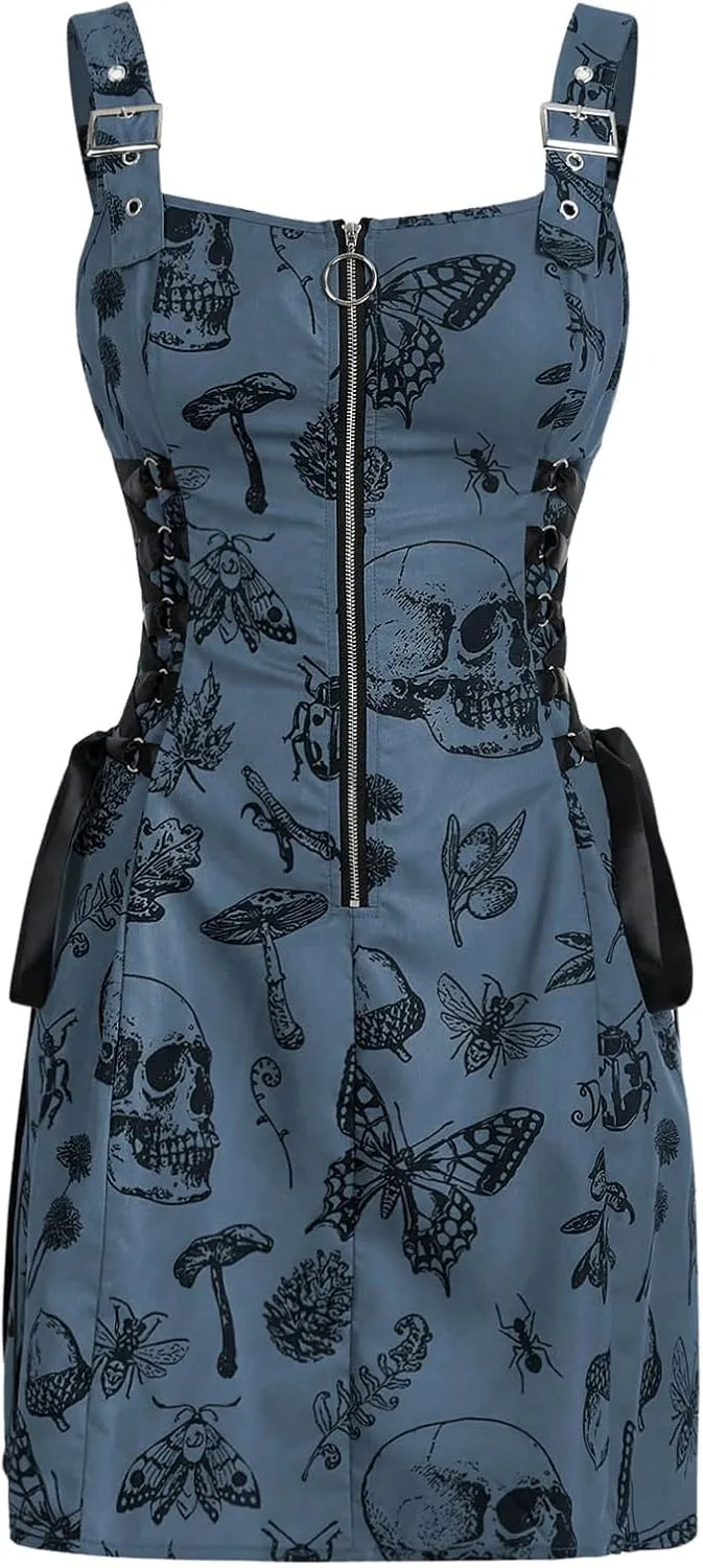 SOLY HUX Women's Gothic Zipper Bodycon Mini Dress Skull Print Tie Up Sleeveless Mini Dresses