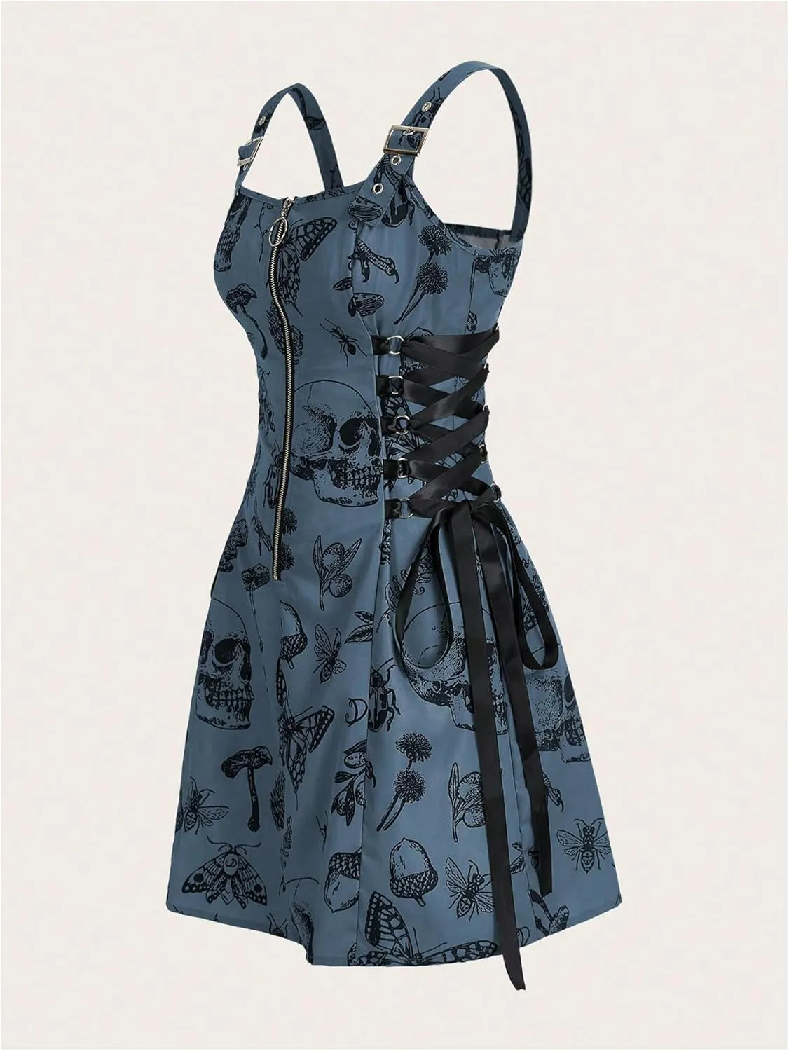 SOLY HUX Women's Gothic Zipper Bodycon Mini Dress Skull Print Tie Up Sleeveless Mini Dresses