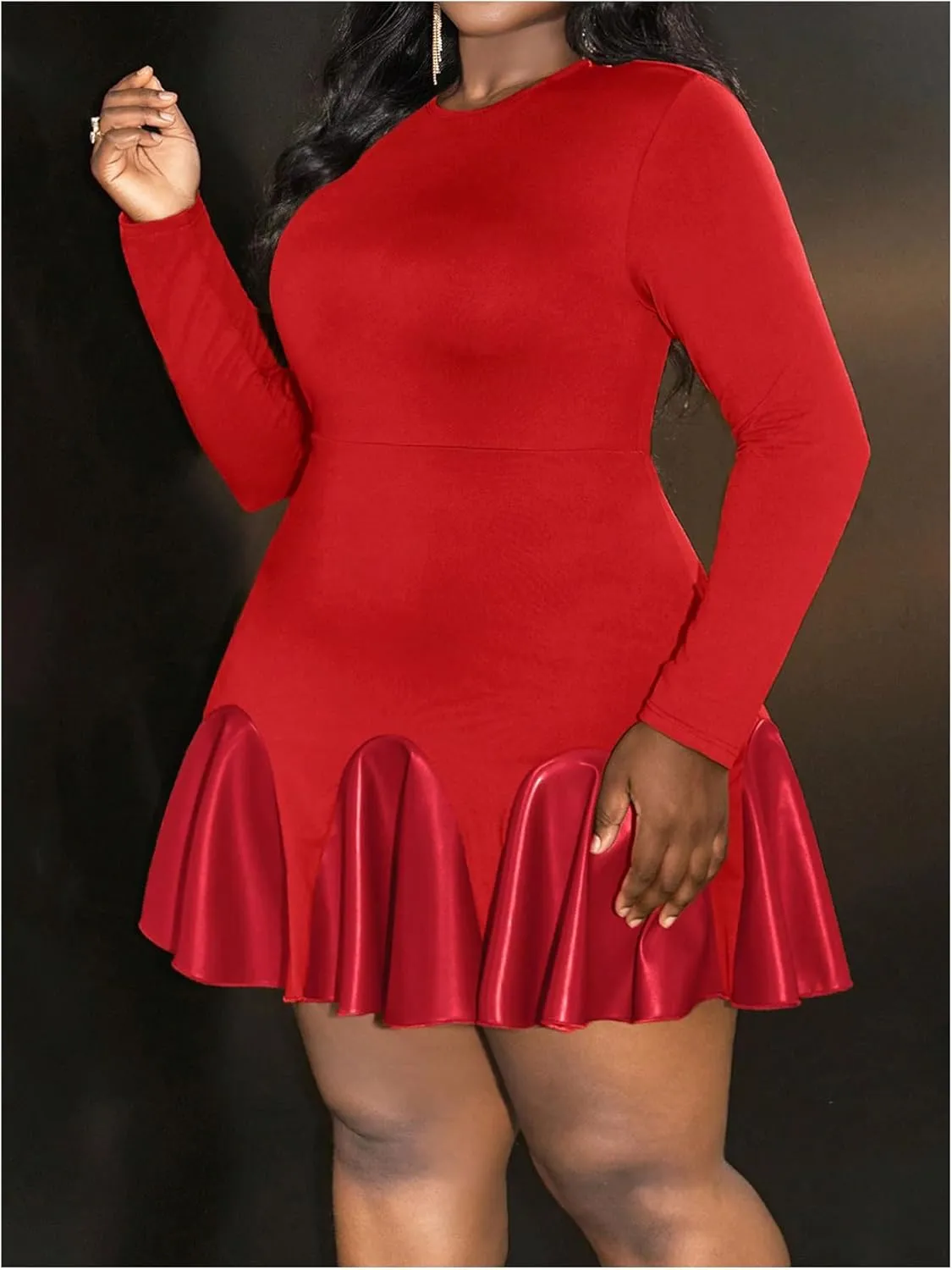 SOLY HUX Women's Plus Size Long Sleeve Ruffle Mini Dress PU Leather Cocktail Party Dresses